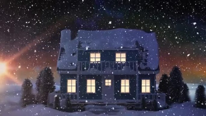 白色圣诞节雪花在夜晚落在积雪覆盖的房屋和花园上的动画