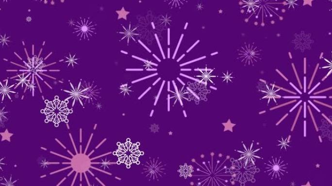 深紫色背景上的圣诞节雪花和粉红色新年烟花动画