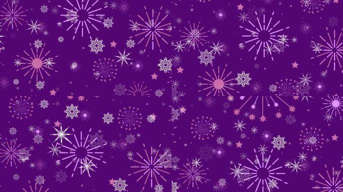 深紫色背景上的圣诞节雪花和粉红色新年烟花动画
