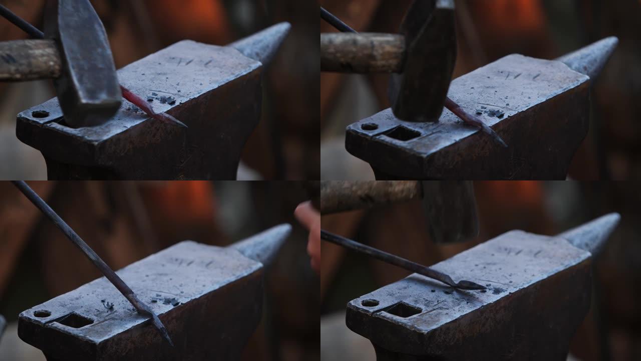 铁匠父子用锤子在铁砧上锻造热钢。为弓制作箭头