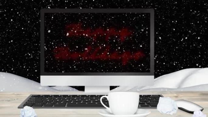 圣诞节在黑色背景上落下的雪在计算机上的节日快乐文本动画