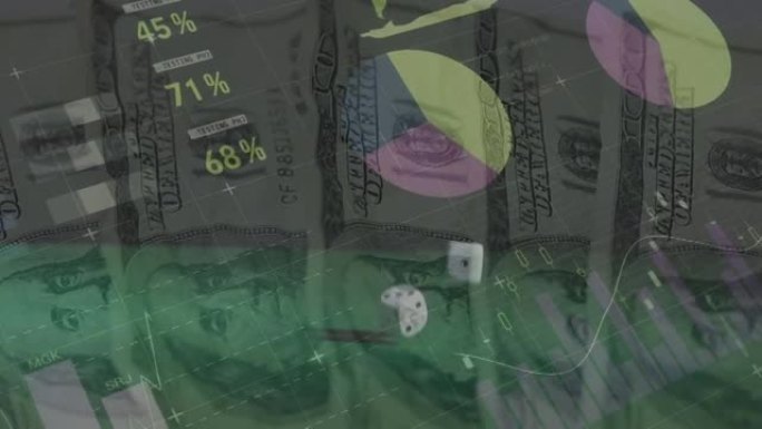 背景中两个骰子和美国美元钞票上的金融数据处理动画