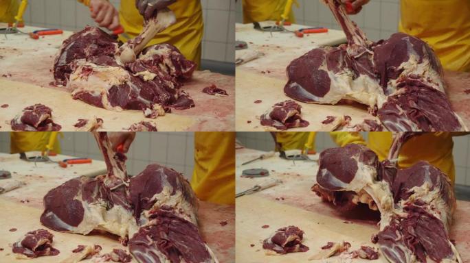 在香肠店，将肉与骨头分开进行进一步加工