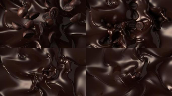 咖啡豆落入黑巧克力中