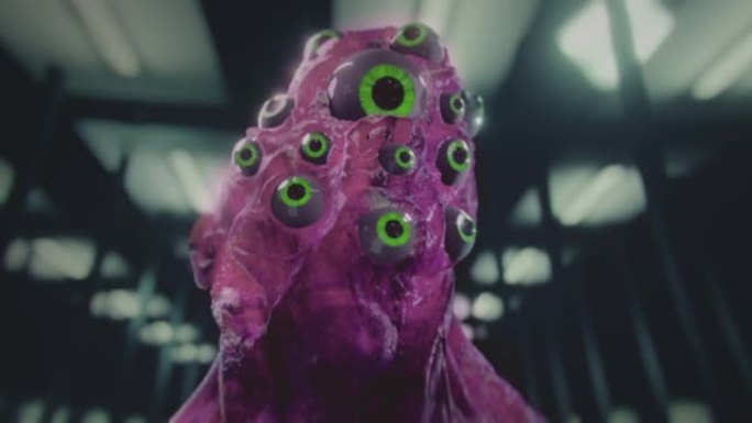 紫色科幻外星人怪物，有许多绿色发光的眼睛。某种情人。