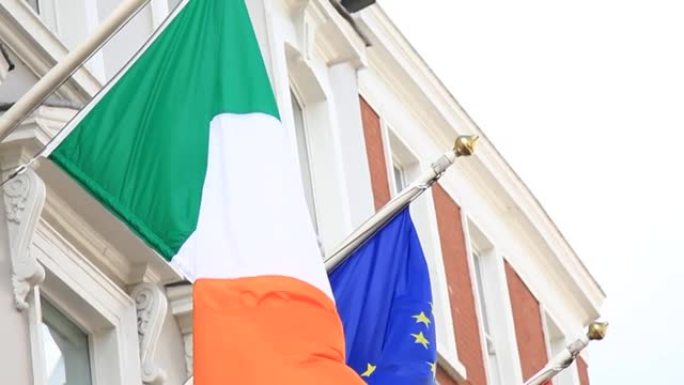 都柏林圣帕特里克节游行的爱尔兰国旗和欧盟国旗