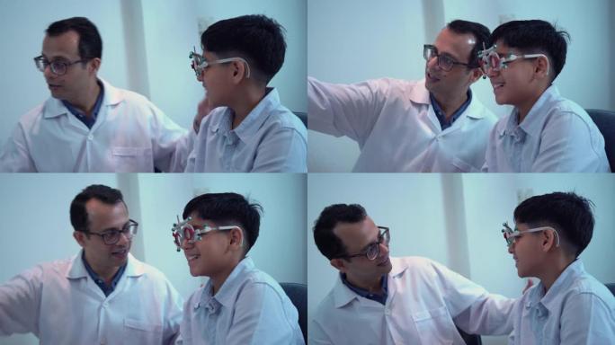 在眼镜店和验光师一起做视力检查的男孩，在光学店微笑的印度-泰国男孩选择眼镜