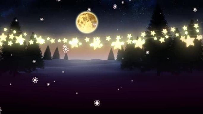 夜间雪花飘落的动画，树上，圣诞星串灯
