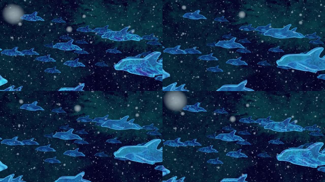 海底海豚。带有动画水彩纹理的玻璃海豚。宇宙海豚和星光。海豚的抽象场景。