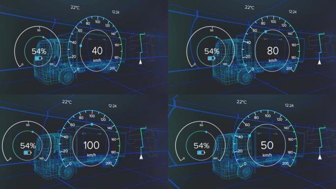 车辆接口上的速度计，gps和充电状态数据的动画，通过3d卡车模型
