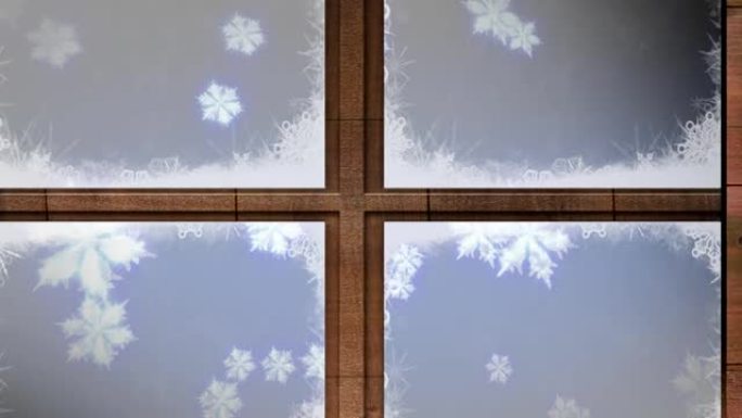 蓝色背景下漂浮的雪花上的圣诞树和木制窗框