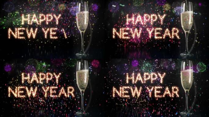 闪闪发光的文字动画新年快乐，带有五彩纸屑，烟花和香槟杯，黑色