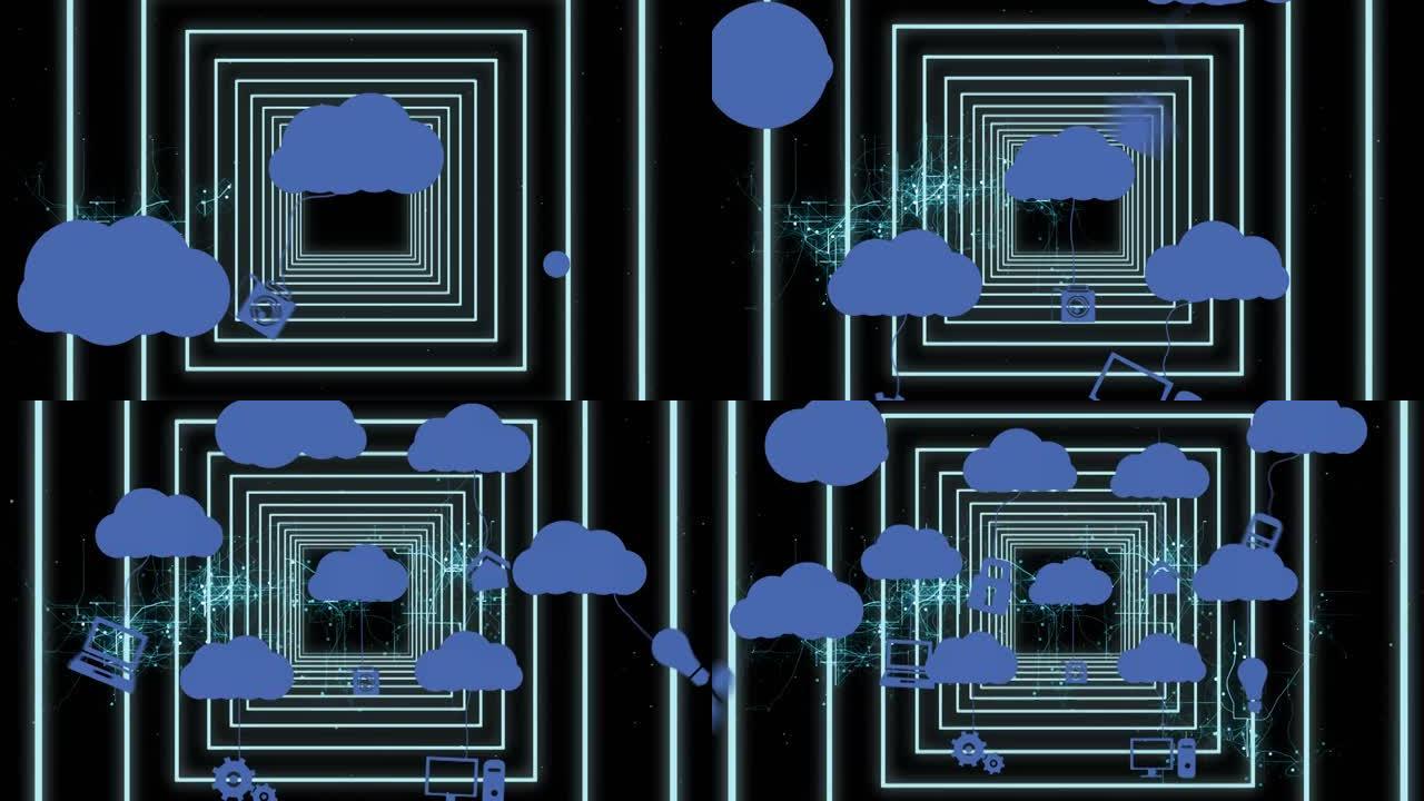 霓虹灯广场上带有图标的云动画