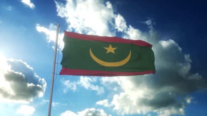 毛里塔尼亚的旗帜在美丽的蓝天下迎风飘扬