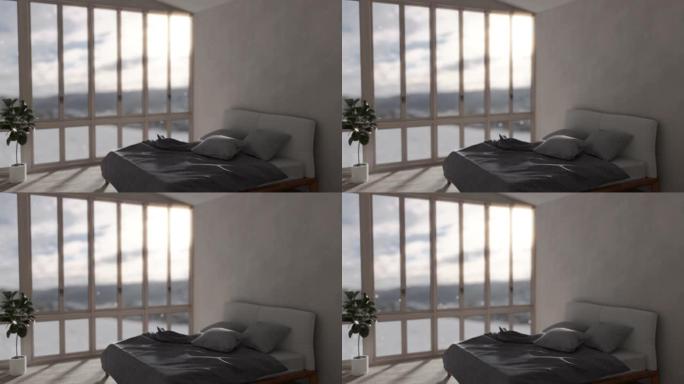 散焦循环背景现代白色室内动画。冬季时间窗背景中阳光明媚的白雪皑皑的森林。3d渲染。替换绿屏背景概念