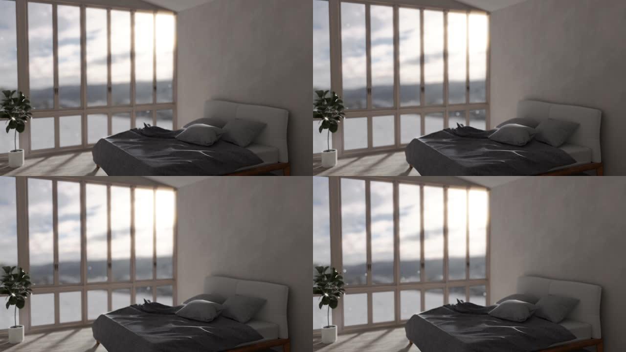 散焦循环背景现代白色室内动画。冬季时间窗背景中阳光明媚的白雪皑皑的森林。3d渲染。替换绿屏背景概念