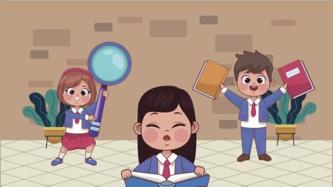 三个学生儿童角色动画