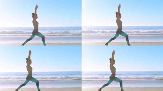 高加索妇女在海上海滩练习瑜伽的动画