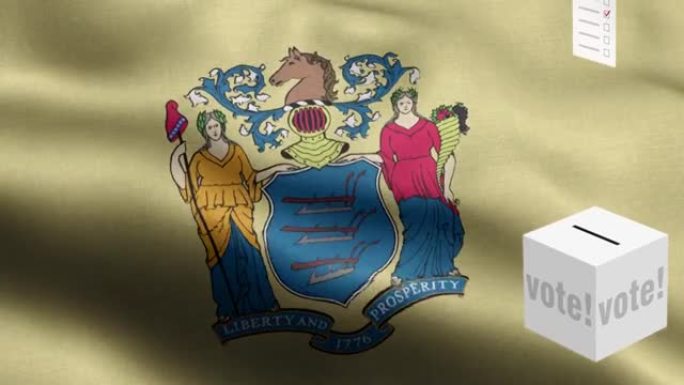新泽西州-选票飞到盒子为新泽西州选择-票箱在国旗前-选举-投票-国旗新泽西州波浪图案循环元素-织物纹