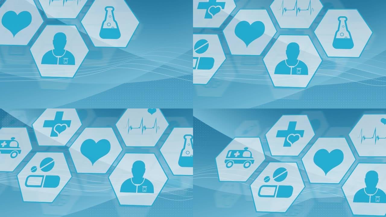 蓝色背景上带有医学图标的数字界面动画