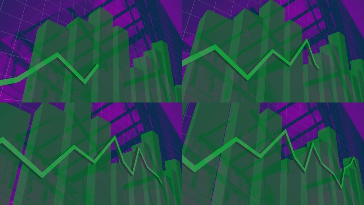紫色背景上绿线的金融数据处理动画