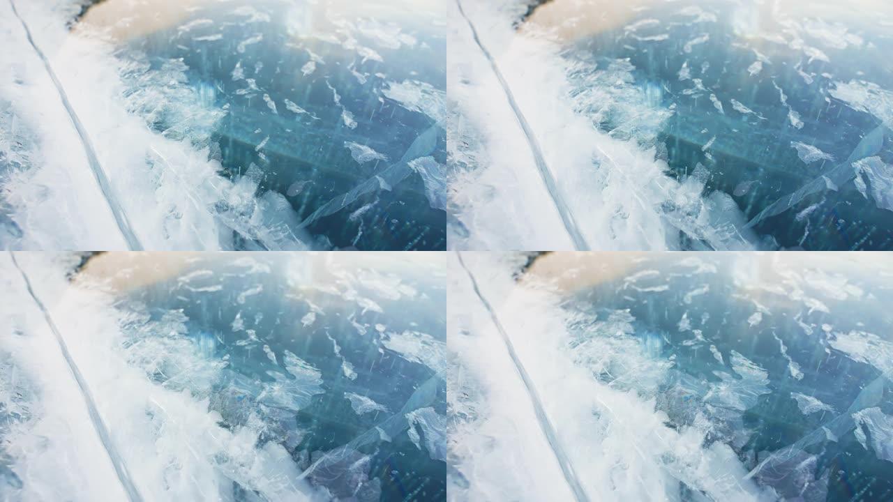 水变成冰，冰冻的纹理出现在蓝色的冰面上。白霜。