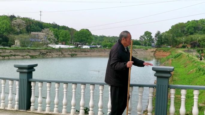 拄拐杖的老爷爷走在小桥上-伤感视频