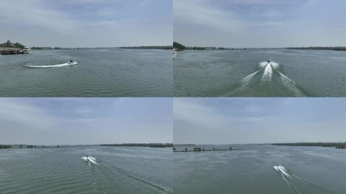 航拍水上运动摩托艇快艇汉江河流航行风光