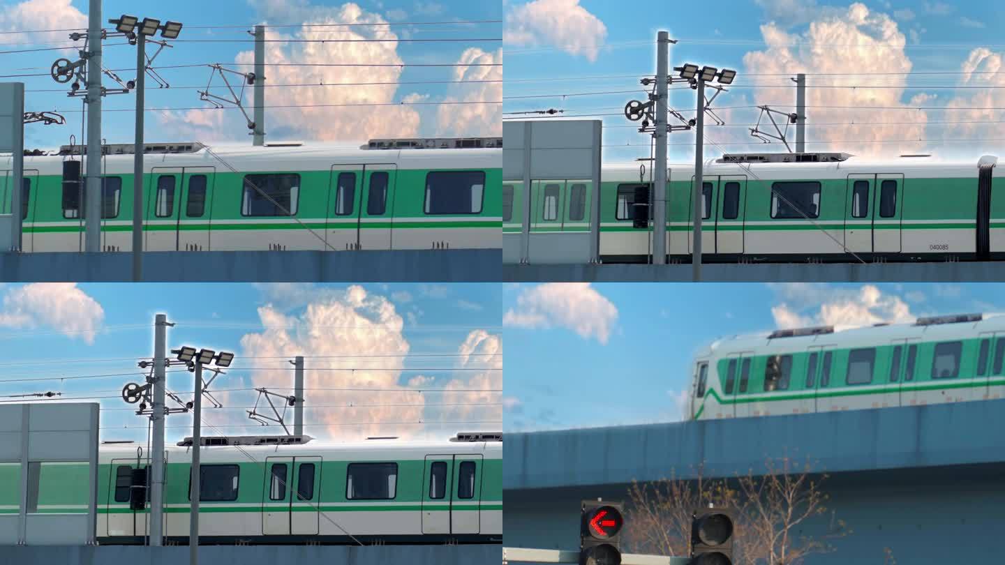 4K宁波翠绿色4号线地铁行驶在轨道上