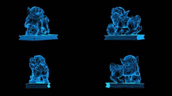 狮子雕像全息蓝色科技通道素材