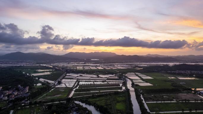 4k珠海斗门接霞庄日落耶稣光航拍延时