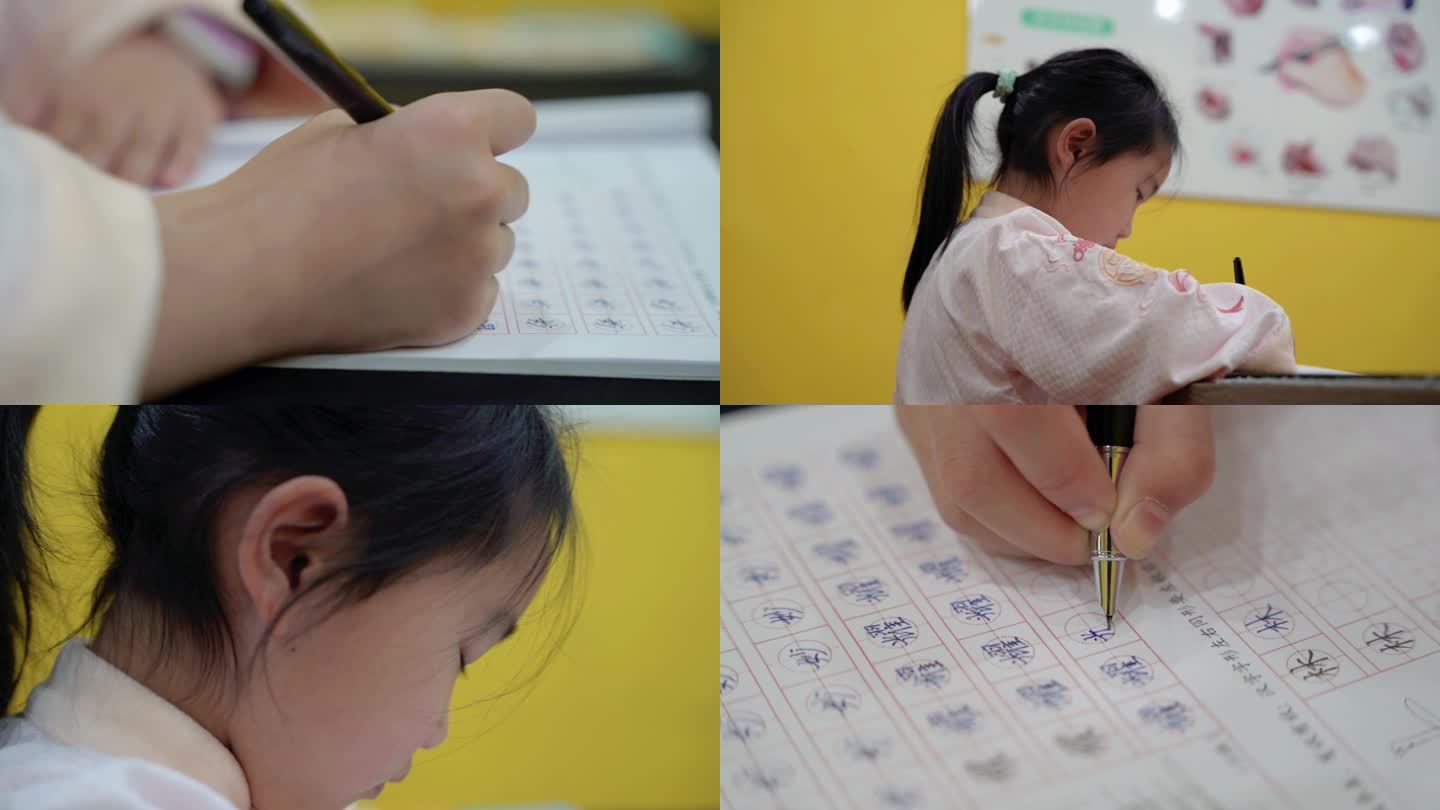 小女孩专注写字做作业