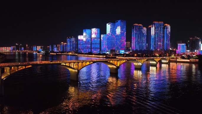 长沙城市夜景航拍灯光秀唯美城市桥梁车流