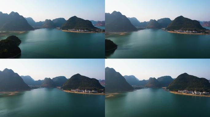 广西靖西渠洋湖日出朝霞喀斯特山水风光航拍