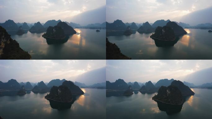 广西靖西渠洋湖日出朝霞喀斯特山水风光航拍