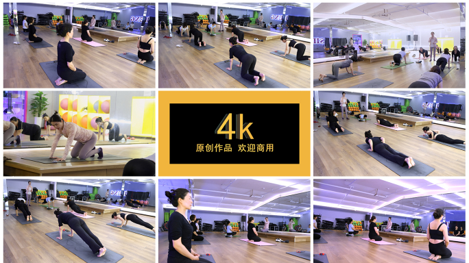4K健身房瑜伽馆老师教瑜伽 女子练瑜伽