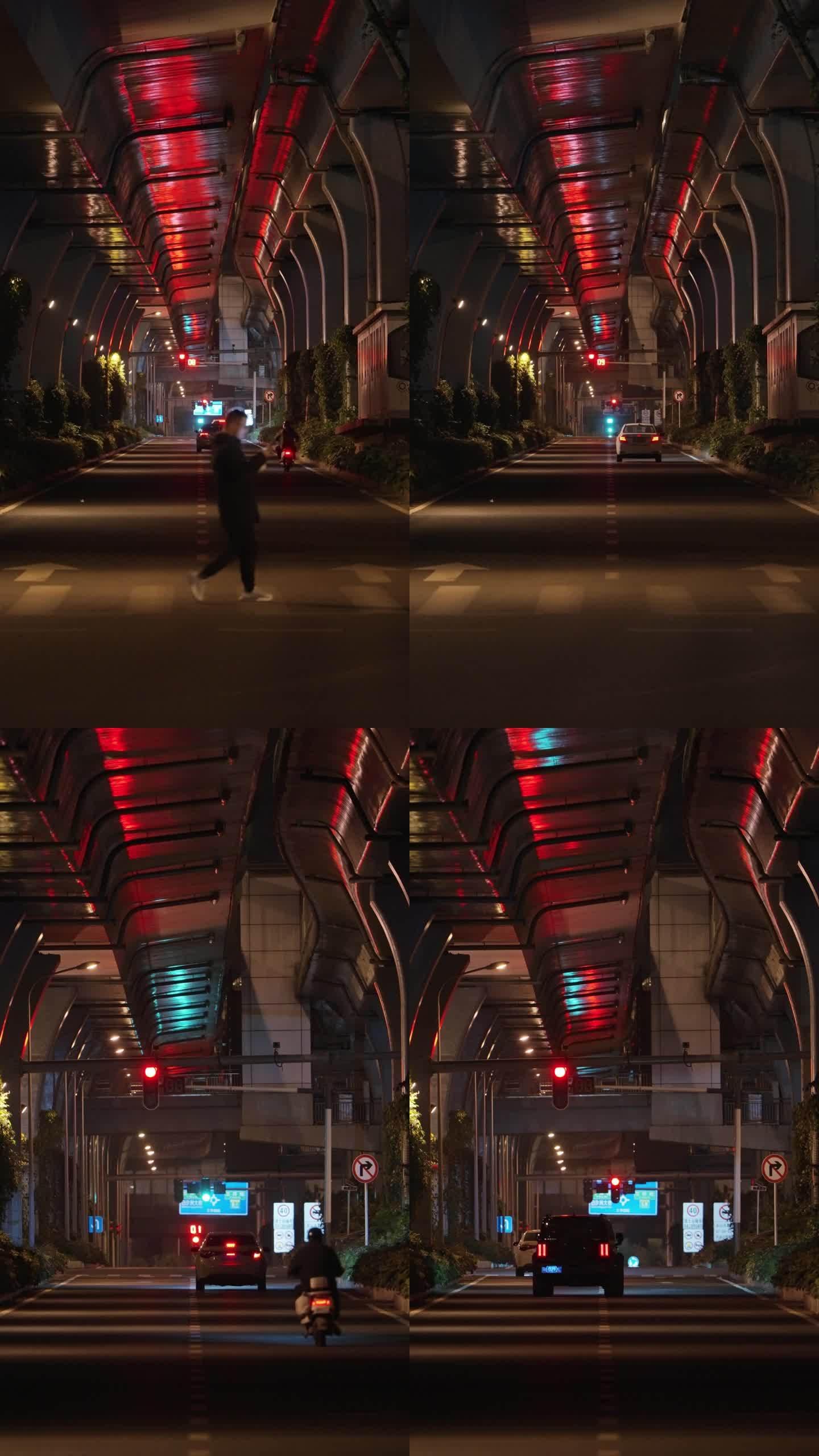 武汉光谷大学园路高架桥下城市道路夜景竖屏