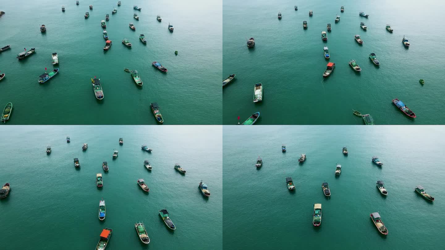 海南省万宁市渔村渔排渔船航拍特写