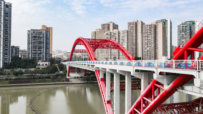 4k航拍中国重庆合川嘉陵江大桥红色大桥