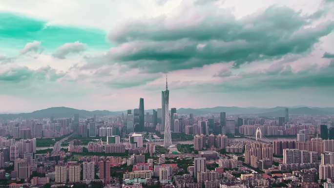 广州大塘村繁华都市城中村日落航拍4K视频