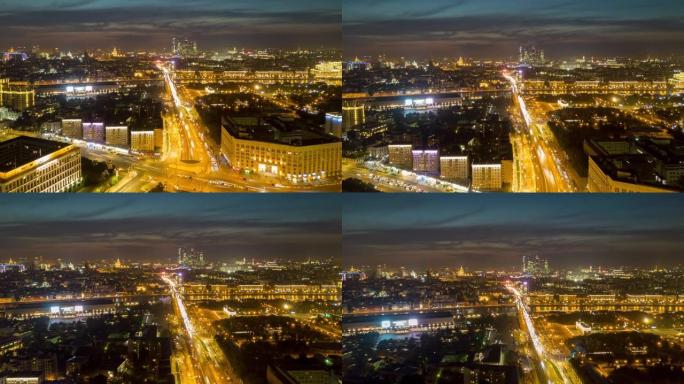 夜间照明日落天空莫斯科城市景观交通街全景4k延时俄罗斯