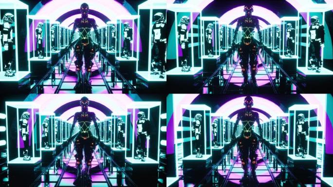 一个发光的外星人走在霓虹灯走廊上，宇航员坐在笼子里。发光霓虹灯隧道动画为vj，dj或科幻背景。