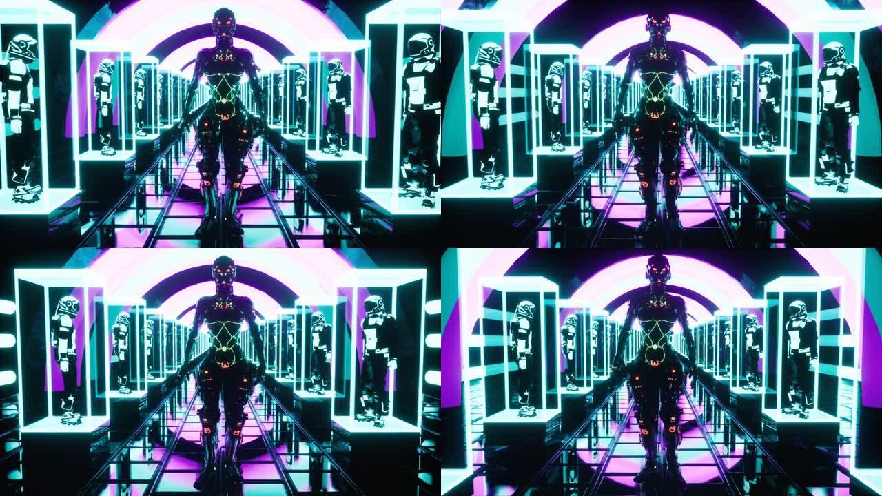 一个发光的外星人走在霓虹灯走廊上，宇航员坐在笼子里。发光霓虹灯隧道动画为vj，dj或科幻背景。