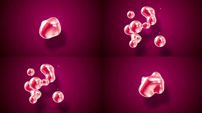 amasing metaballs的抽象背景，就像玻璃滴或充满红色火花的球体融合在一起，并且散射在4
