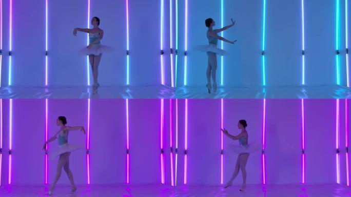 专业芭蕾舞演员在工作室里在彩色霓虹灯的背景下跳舞芭蕾舞。一个穿着舞台服装的女孩锻炼舞步，做出优雅的跳
