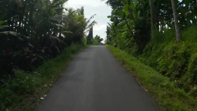 沿着印度尼西亚巴厘岛稻田的乡村沥青街。亚洲热带景观下乡村道路的空中街景