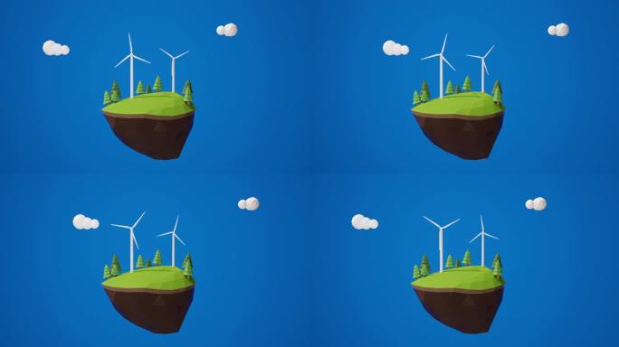 风电厂的插图放置在松树上的浮岛上。蓝色背景，云彩。生态可持续动力源的概念。清洁替代能源。低聚设计，3