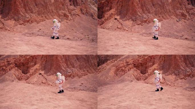 穿着太空服的女人在沙漠地区行走探索火星的侧视图，梦想着人类与水源，生命相遇。