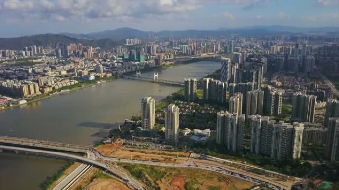 晴天珠海城市景观河湾空中全景4k中国