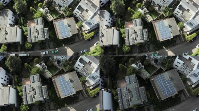 乡间别墅屋顶上光伏太阳能电池板的鸟瞰图